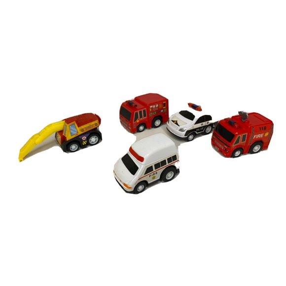 Lot 5 Toy Cars Emergency Vehicles Fire Truck Police Earth Mover Ambulance - Picture 1 of 7